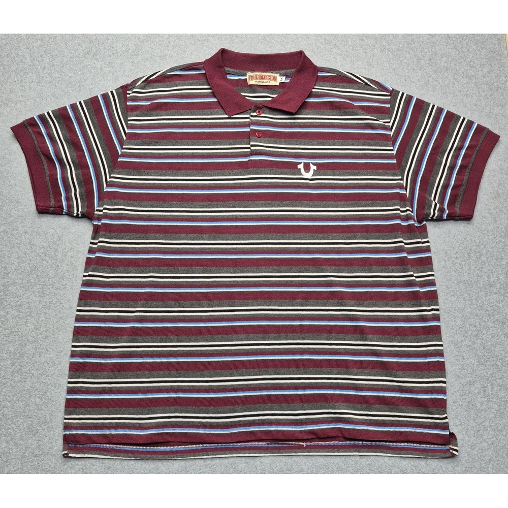 True Religion Shirt Men's 4XL Striped Polo Burgundy Short Sleeve Horseshoe Logo